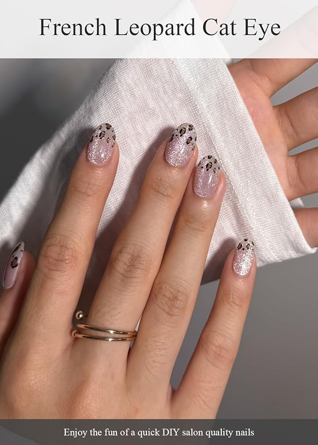 Semi Cured Gel Nail Strips (French Leopard Cat Eye), 20 Pcs Gel Nail Wraps, Stickers, Salon Quality, Works With Any UV Lamps
