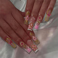 Long Square Press on Nails White French Tip Fake Nails Pink Gradient Glue on Nail with Golden Glitter Swirl 3D Flower Design Acrylic Nail 24Pcs Glossy Stick on False Nails for Women