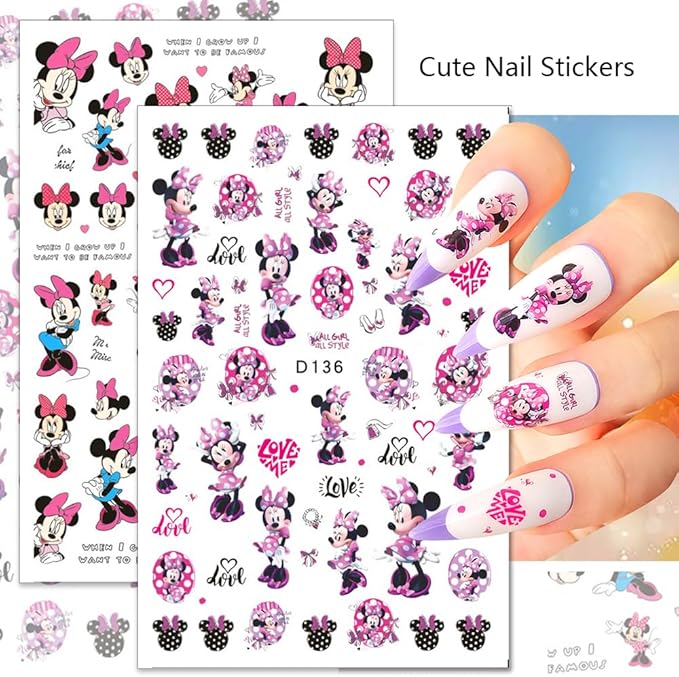 Valentines Nail Stickers Cute Cartoon Nail Art Stickers 3D Self Adhesive Nail Design Sticker Supply Valentines Day Romantic Love Heart Rose Cartoon Mouse Nail Decals for Women Girls DIY Manicure