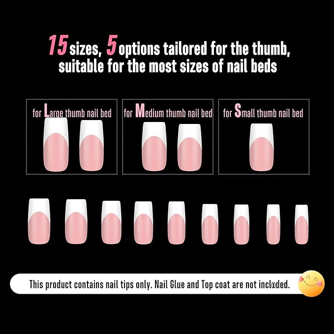 NOVO OVO White French Tip Medium Square Nail Tips Press on BABY PINK, Extra Thick Soft Gel Fake Nail Acrylic Extension, Need Builder Gel Top Coat, No Glue Included, for Salon DIY 15 Sizes x 240 pcs