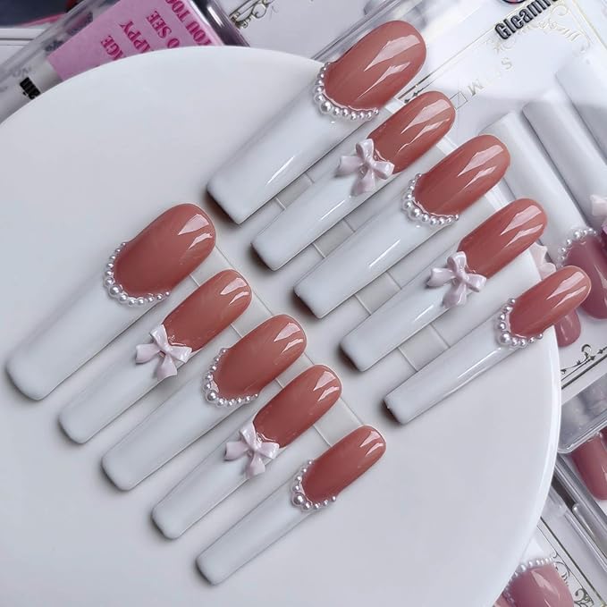 Xxl Press on Nails Extra Long Square Handmade Press-on Nails with Design White French Tips Press Ons 10pcs M Size Pattern 1106