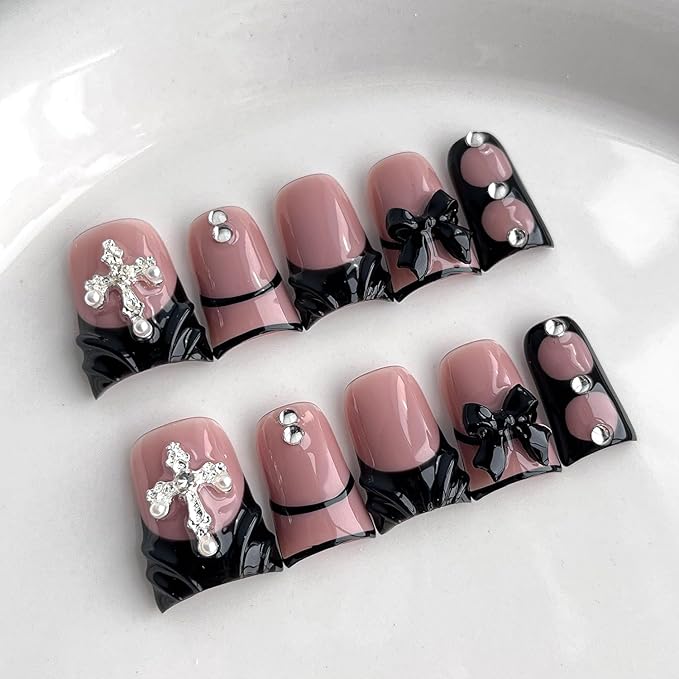 French Tip Press on Nails Handmade Short Duck 3D Thick Acrylic Nails Black False Nails with Bow Water Ripple Rhinestones Designs Gothic Glossy Fake Nail Sturdy Art Press on Nail 10Pcs(S)