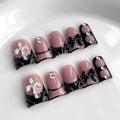 French Tip Press on Nails Handmade Short Duck 3D Thick Acrylic Nails Black False Nails with Bow Water Ripple Rhinestones Designs Gothic Glossy Fake Nail Sturdy Art Press on Nail 10Pcs(S)