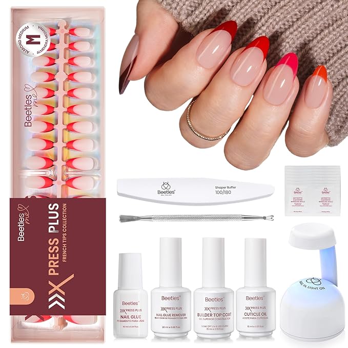 Beetles X Press Plus Gel Nails Kit - Fierce French | 5 Colors Valentines Press On Nails Medium Almond | 160Pcs 16 Sizes All-in-One Kit With Nail Glue,Remover,Builder Top Coat,Nail Lamp Gift