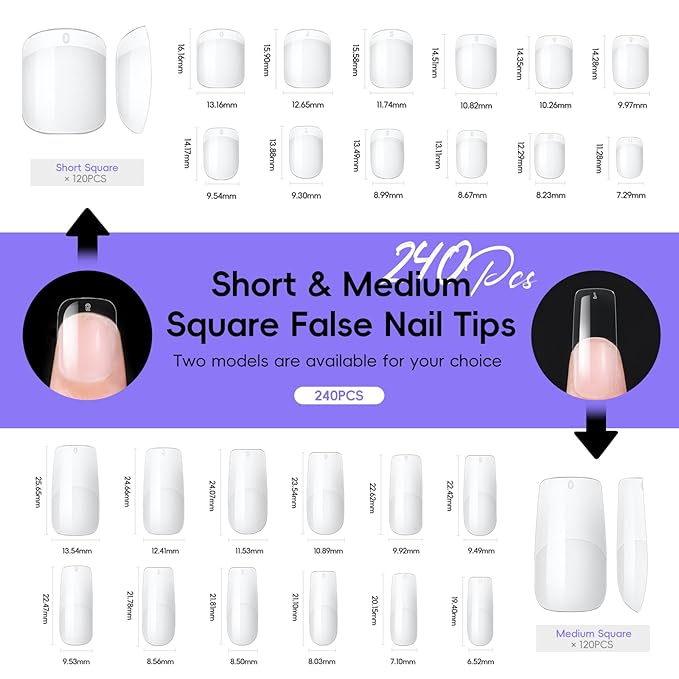 PEACECOLOR Square Gel Nail Kit, 240pc Short Medium False Nail Tips for Extension 2 Colors Jelly Gel Polish with U V Light Nail Glue Nails Art Stickers Rhinestones Easy DIY for Women Home Salon DIY
