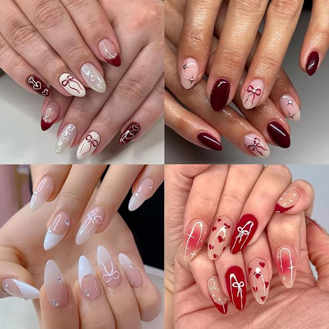 8 Sheets Cute Bow Heart Nail Art Stickers 3D Self-Adhesive Valentines Nail Stickers Laser Red White Heart Bows Nail Decals French Tip Nails Supplies for Women DIY Acrylic Nails Decorations