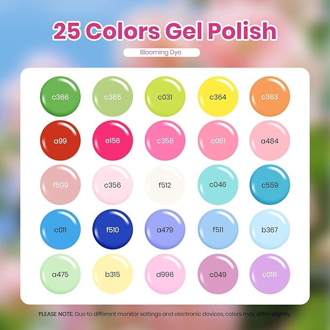 Beetles Spring Gel Polish Set - Blooming Dye Colleciton, 25 Pastel Colors with Blooming Gel Polish Set Yellow Pink Blue Purple with Base Top Coat Trendy Colors Uv LED Lamp Salon DIY at Home