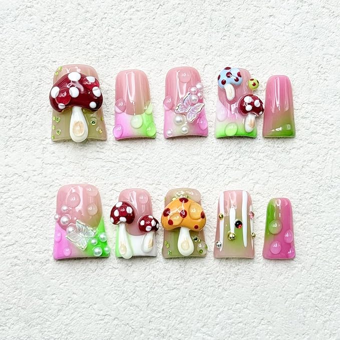 Luxury Handmade Press on Nails Medium Duck False Nails with Cute 3D Mushroom Art Design Handmade Nail with Glue Muti-Layer Gel False Nails Butterfly Charms Thick Nails for Women (Size S)