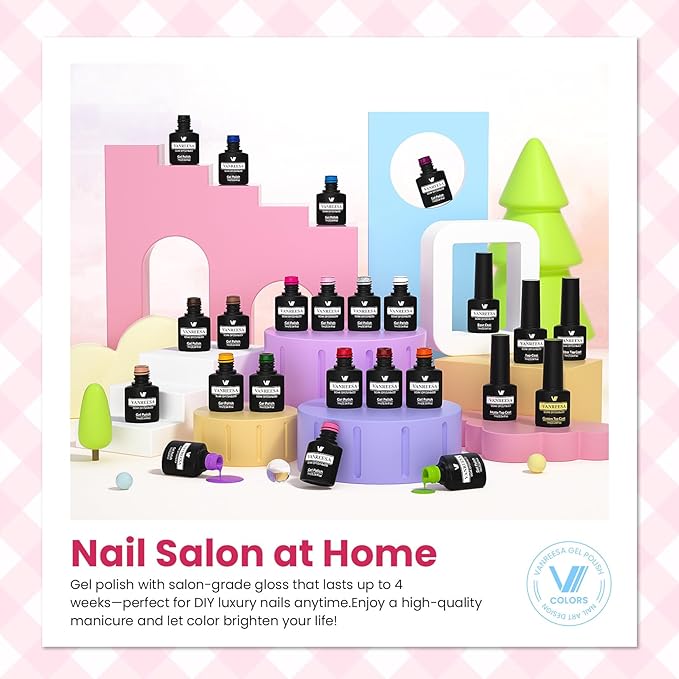 VANREESA 24 Pcs Gel Nail Polish Set -Trendy Colors Gel Polish with Base Coat & 4 Effects of Top Coat White Pink Red Orange Yellow Green Brown Blue Purple Gel Polish Set Nail Kit Gifts for Women Girls
