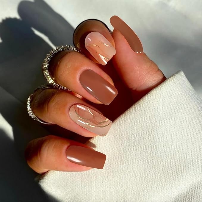 20Pcs Semi Cured Gel Nail Strips Brown Orange Gel Nail Stickers UV/LED Light Needed Glossy Self Adhesive Marble Nails Polish Strips with Gold Line Design Full Polish Nails Wraps for Women