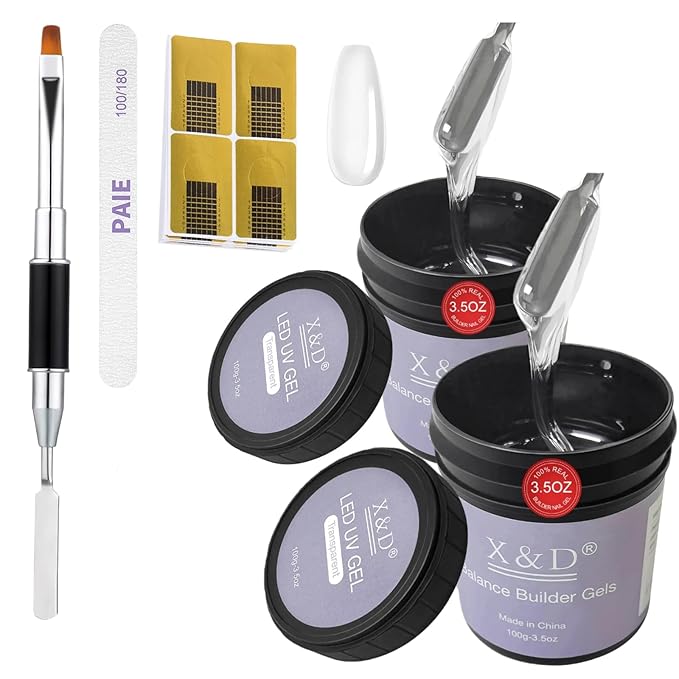 X&D Gel Nail Polish Kit UV Polygel 2 Bottles Quick Dry 100g Natural Clear Color Nail Extension with Nail Forms, Nail File, Acrylic Nail Sable Brush (2PCS Transparent)
