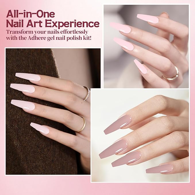 ADHERE Pink Gel Nail Set - 7 Colors with Brush, French Manicure, Soak Off LED Gel Polish, Nail Art DIY Gift