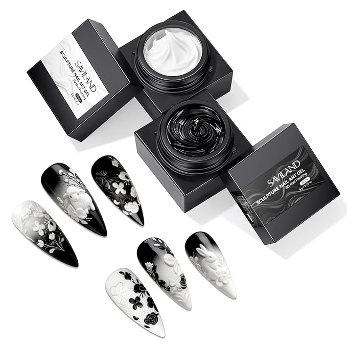 SAVILAND 3D Sculpture Nail Gel Set: Black & White No-Wipe Creamy 3D Sculpting Painting Gel for Micro Embossed 3D Nail Art Molding Florals Lines Patterns & French Tips Design Home DIY Salon Manicures