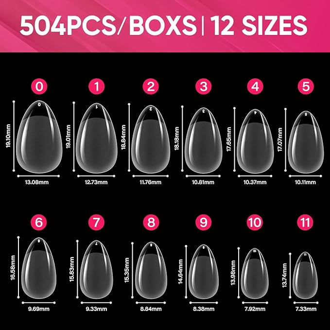 AIMEILI Extra Short Almond Fake Nails, 504pcs Pre-shape Gel Acrylic Nail Tips Press on Nails for Full Cover Nail Extension Home DIY Nail Salon 12 Sizes