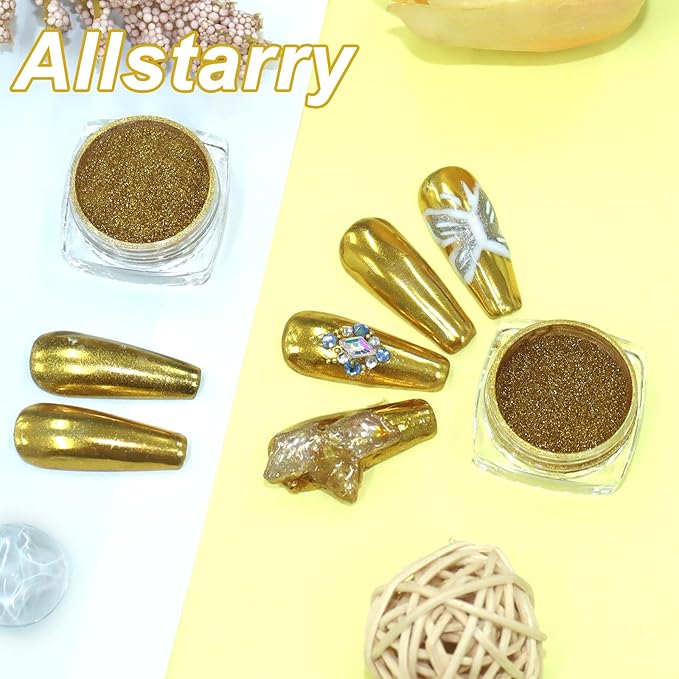 Allstarry Gold Chrome Nail Powder, 2pcs Metallic Mirror Effect Dust Glitter Glazed Manicure Decoration Reflective Pigment for Gel Polish Nail Art Decoration Resin Craft, Festivals - Gold