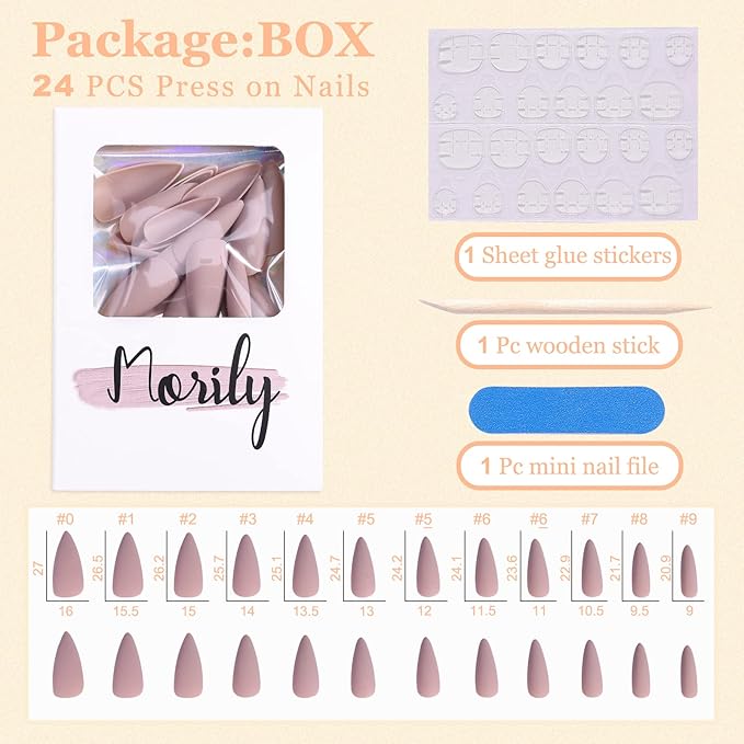 Morily 24pcs Fake Nails Matte Pure Color Medium Long Stiletto Almond Press on Nail False Tips Artificial Finger Manicure for Women (Nude)