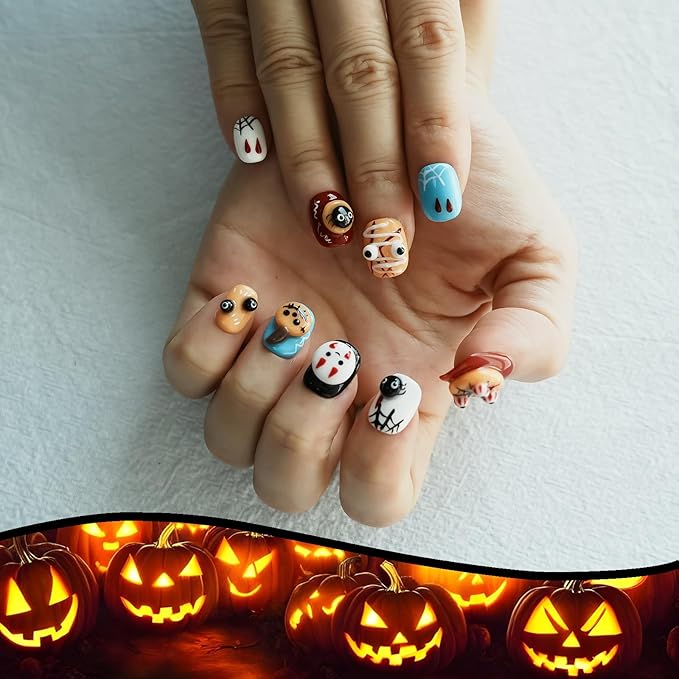 Nightmare Before Christmas Press on Nails Kawaii Ghost Handmade Fake Nails 3D Embossed Colorful Cute Cartoon Short Nails for Women and Girls (Cute Ghost Party,M)
