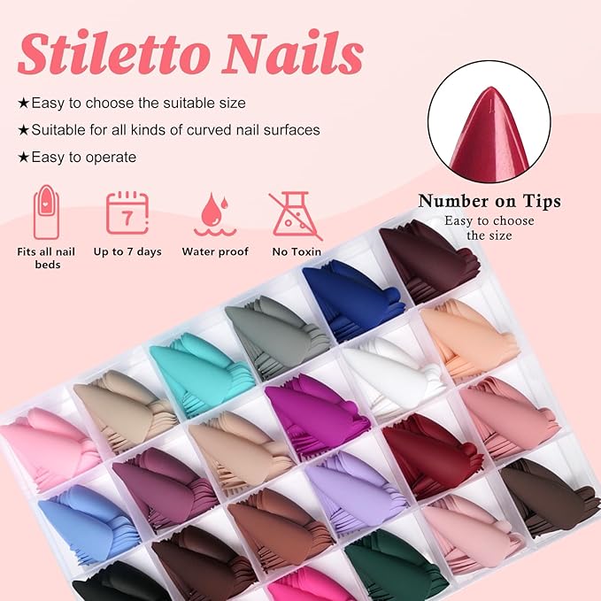 LoveOurHome 576pc Matte Stiletto Press on Nails Long Pointy Fake Nail Tips Full Cover Artificial Fingernails Colored False Nail Halloween Acrylic Nail Artificial Manicure 24 Colors for Women Girls