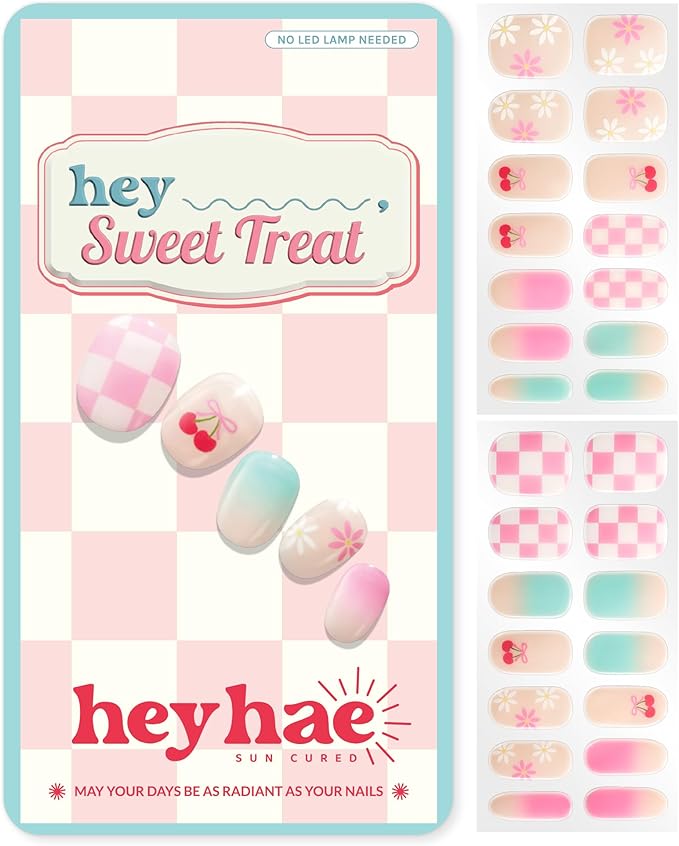 Heyhae Semi Cured Gel Nail Strips | No LED Lamp Needed | Summer, Ombre, Cute | Easy Apply & Remove, Salon Quality | Includes 28 Strips, 1 Prep Pads, Nail File & Wooden Stick - Hey, Sweet Treat