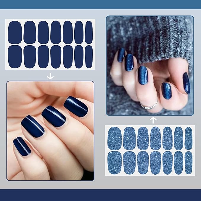 SILPECWEE 16 Sheets Blue Nail Wraps for Women Glitter Solid Color Nail Polish Stickers Stick on Nail Polish Strips Gel Nail Strips Self Adhesive Fingernail Manicure Design with Nail File