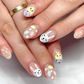 Easter Cute Rabbit Press on Nails Short Almond Fake Nail Bunny & Easter Eggs Designs Full Cover Cartoon Chick Acrylic Nails Stick on Nail for Women Nail Art Style Fingertip Manicure 24 Pcs