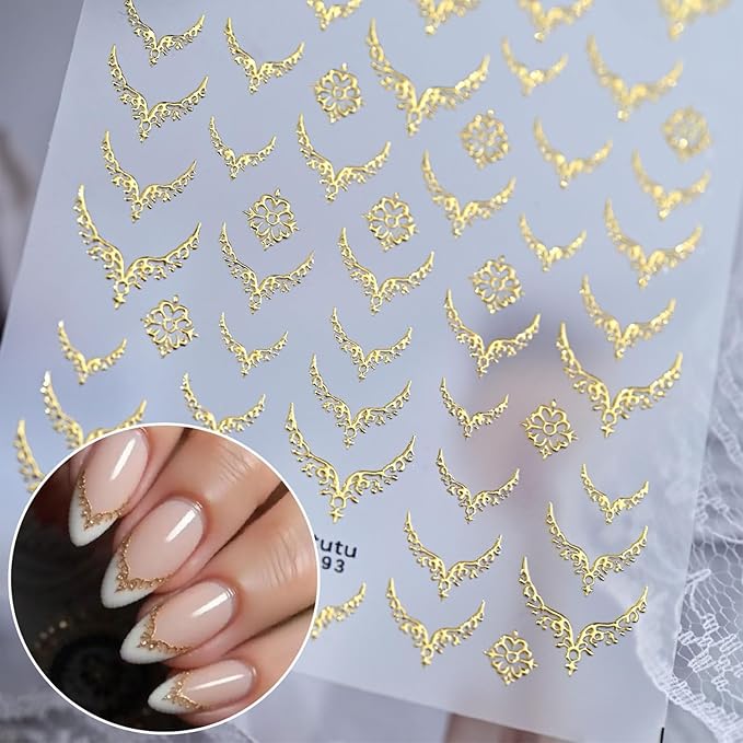 French Tip Nail Stickers for Nail Art 5D Embossed Gold Nail Stickers Metal Nail Decals Retro Gold Nails Art Design Supplies for Women Girls DIY Manicure