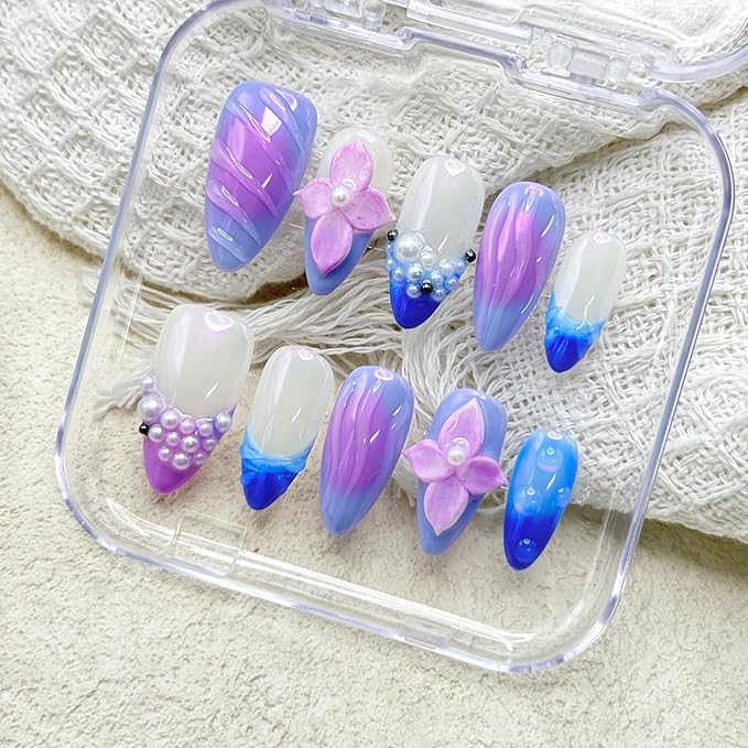 Thick Press on Nails Handmade Nails Medium Almond Nails Aurora Purple Fake Nails with 3D Flower Art Design Reusable Acrylic False Nails with Glue, Nature Stick on Nail for Wome (Size S)