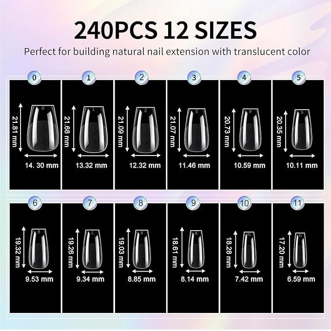 Short Coffin Nail Tips - 12 Sizes 240Pcs Pre-Etched Soft Gel Full Cover Soft Tips Half Matte False Nails Clear Acrylic Press on Fake Nails Gelly Extension DIY Manicure Gifts