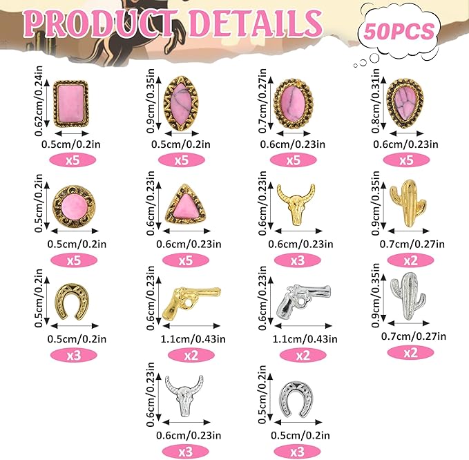 50 PCS Western Nail Charms - Pink Turquoise Nail Gems Stone 3D Vintage Western Art, Retro Pink Marble Cowgirl Charms Gems Metal Gold Silver Art Jewelry Gifts for Women DIY
