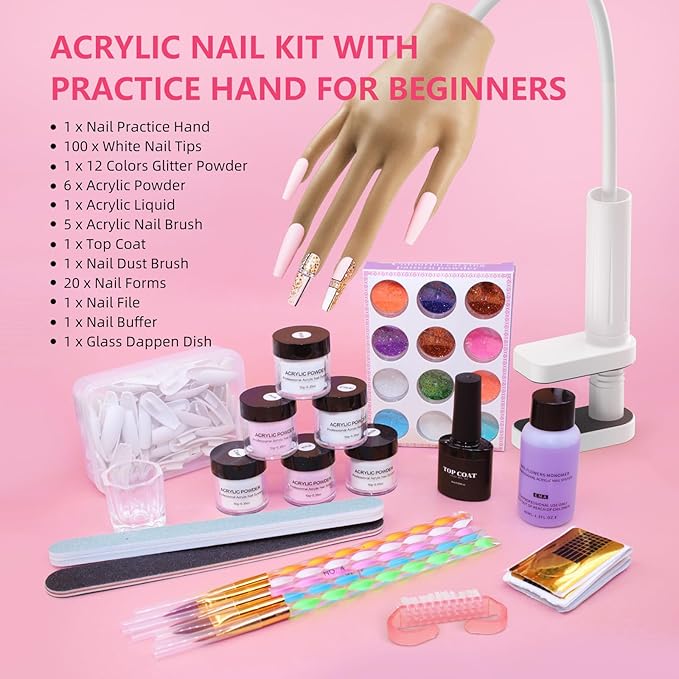 Practice Hand for Acrylic Nails - Acrylic Fake Mannequin Practice Hand - Flexible Hands Model With Powder and Liquid Full Nail Kit for Beginners