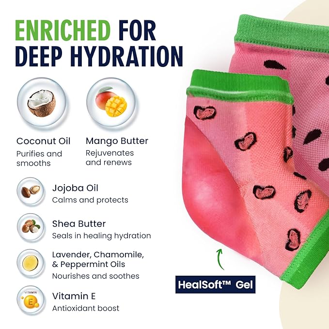 Dr. Frederick's Original Moisturizing Heel Socks for Dry Cracked Heels Treatment - 3 Pairs - Infused with Coconut Oil and Mango Butter - Stocking Stuffers for Adults - Summer Print