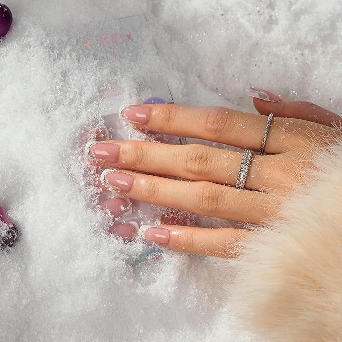 BTArtbox Press On Nails Short - Ice Veil, 3D Silver Lines White French Tip Square Press On Nails with Glue and Adhesive Tabs for Women in 16 Sizes - 32 Soft Gel Glue On Nails Kit