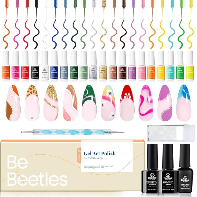 Beetles Liner Gel Polish with Curing Lamp 36W U V Nail Lamp, 20 Colors Liner Gel Polish Set with Fast Drying Compact LED Nail Dryer
