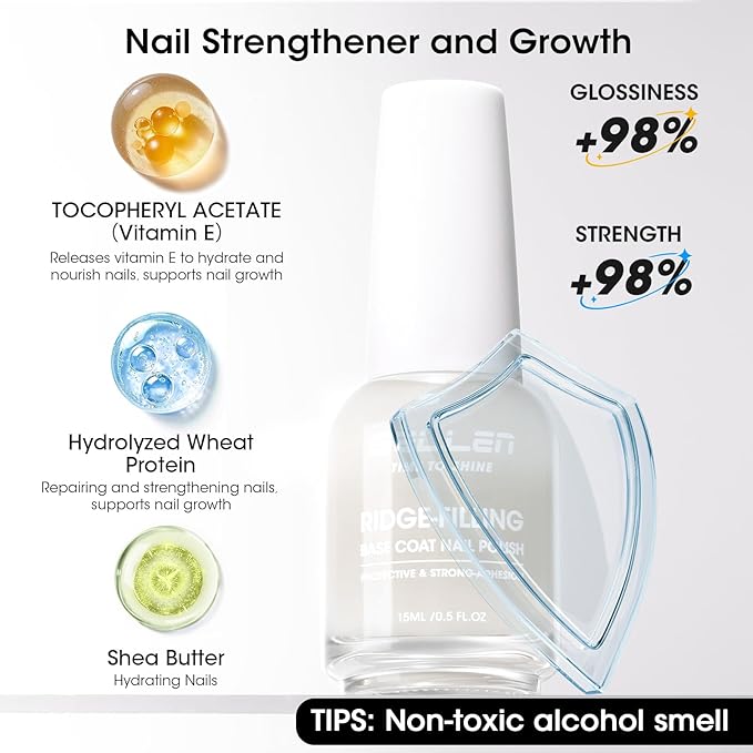 GELLEN Clear Nail Polish Ridge Filling Base Coat, Sheer Milky White Tint Ridge Filler For Nails, Smooth Strengthen Repair Damaged Dry Nails | Shea Butter, Vitamin E, Protein | Toxin HEMA TPO Free