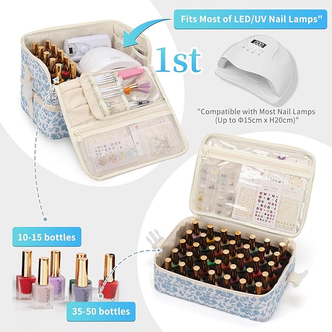 OCHEAL Nail Polish Organizer, Holds Nail Lamp and 45+ Bottles,3 Usage Modes Detachable Nail Storage Bag Travel Nail Tech Case Holds Nail Kit Stuff Manicure Tools -Floral
