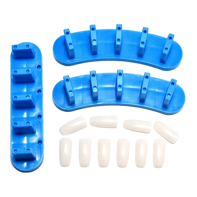 3 pcs False Nail Art Tips Practice Display Stand Tool with 10 pcs False Nail Tips for Gel Nail Polish DIY Nail Training Tools (Blue)