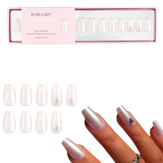Kiara Sky Press On Nails | XPRESS PRO 100% Acrylic Nails | 30-Piece Kit Includes Nail Glue, Cuticle Pusher, File & Prep Pad | Coffin Short - Save The Date