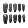 Sun&Beam Nails Handmade Press-on Medium Coffin Ballerina Grey Black Minimalist French Rhinestone Design Fashion False Nail Tips 10 Pcs Set (#170 XS)