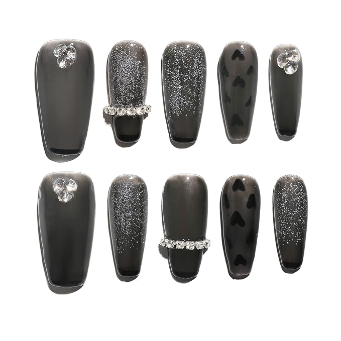 Sun&Beam Nails Handmade Press-on Medium Coffin Ballerina Grey Black Minimalist French Rhinestone Design Fashion False Nail Tips 10 Pcs Set (#170 M)