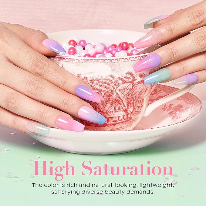 AZUREBEAUTY Dip Powder Nail Set, Clear Pink Coral Violet Blue Green Pastel Shades with Sparkling Aluminum Foil, 6 Colors Dipping Powder Starter Kit Nail Art Manicure Salon, No Need Nail Lamp Cured