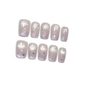 10pcs Press on Nails, Medium Coffin Glossy Fake Nails, Lavender Cat Eye French Tips with Silver Stars, Reusable False Nails for Women, Sweet Galaxy Nails for Party (Size XS) ﻿