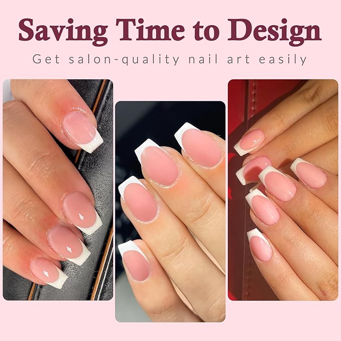120PC White French Tip Press on Nails Short Fake Nails Press ons with 5*Adhesive Tabs, Pink Coffin Acrylic Nail Press on Nail French Tip Nails False Artificial Fingernails Stick on Nails-G