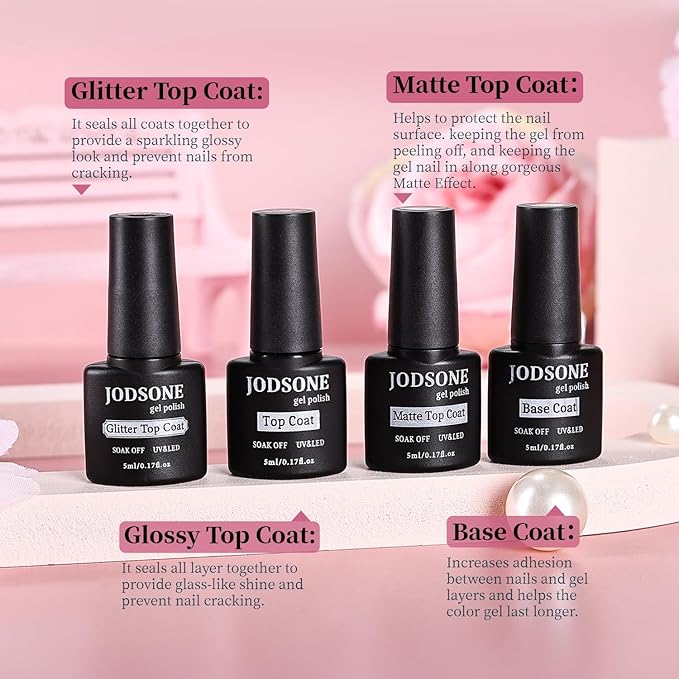 JODSONE 36 PCS Gel Nail Polish Set-32 Colors Gel Nail Polish Set Same Color Same Bottle No Wipe Base Top Matte Glitter Coat Professional Choice Salon Gifts