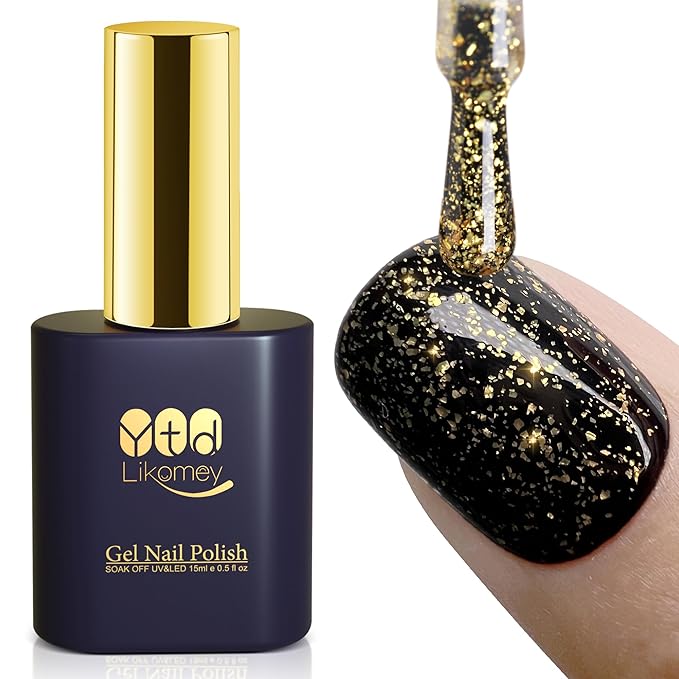 YTD Likomey Gel Polish Polish Gold Foil Top Coat,Glossy No Wipe Long Lasting Shiny Finish Clear Gold Glitter Sparkle,Salon Home DIY UV Manicure Nail Art Varnish UV Nail Gel,15ml 0.5 Fl Oz