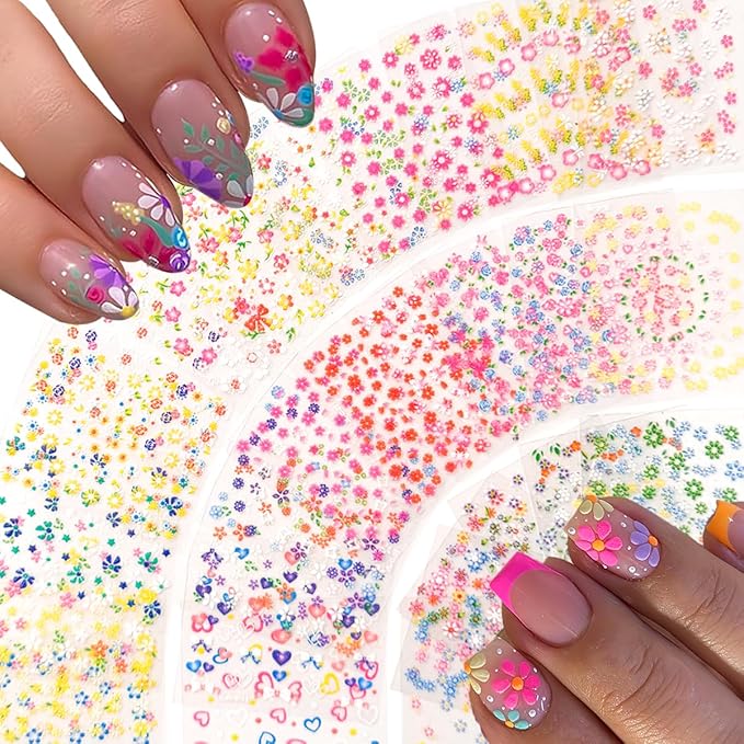30 Sheets Flower Nail Art Sticker 3D Self-Adhesive Nail Art Supplies Colorful Flowers Rose Daisy Cherry Blossoms Nail Decals Pink Floral Nail Design for Women Acrylic Nails Decoration