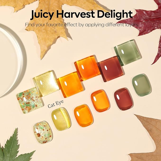 modelones Gel Nail Polish Set, 6 Colors Caramel Brown Orange Green Jelly Gel Polish Tortoise Yellow Gold Glitter Cat Eye Nail Polish with Magnet& Wooden Stick Soak Off LED DIY Gift