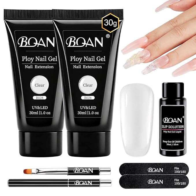 BQAN Poly Nail Gel, 2 Pcs Clear Poly Extension Gel (30ml) with Slip Solution & Brush, for Long-Lasting Nail Extensions | Builder | Salon-Quality DIY & Home Use (Clear)