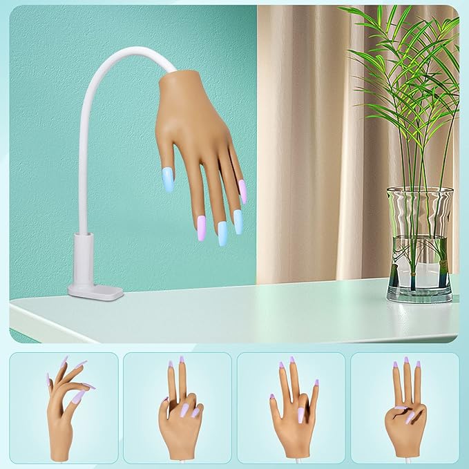 Practice Hand for Acrylic Nails, Nail Tips Never Fall Off Nail Practice Hands, Fingers Never Break Fake Hand for Nail Practice, Fexible Nail Hand Practice Mannequin Hand with 200 Pcs Nail Tips