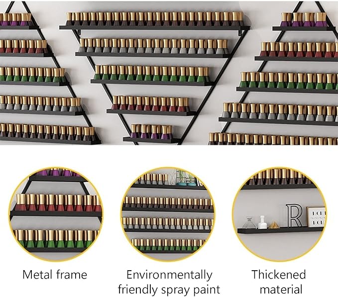 Wall Mounted Nail Polish Rack Triangle Metal Storage Rack 6 Sets Nail Polish Holder Essential Oil Holder, for Nail Techs Nail Salon Shop/Retail Shop,Gold