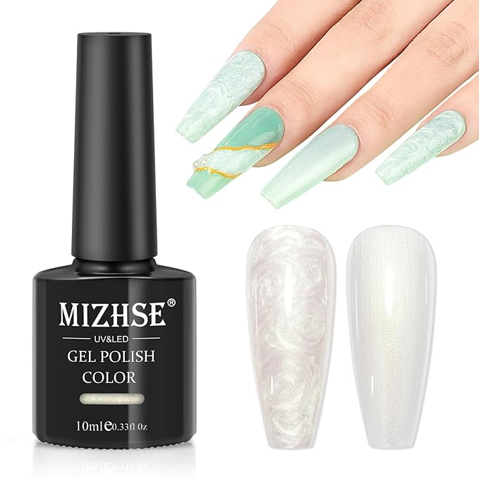 MIZHSE Pearl Gel Polish, Mermaid Glitter Nail Gel Polish 2-IN-1 Shiny Shell Thread Drawing Soak Off U V LED Nail Gel for Nail Salon Home DIY Manicure 1PC 10ml